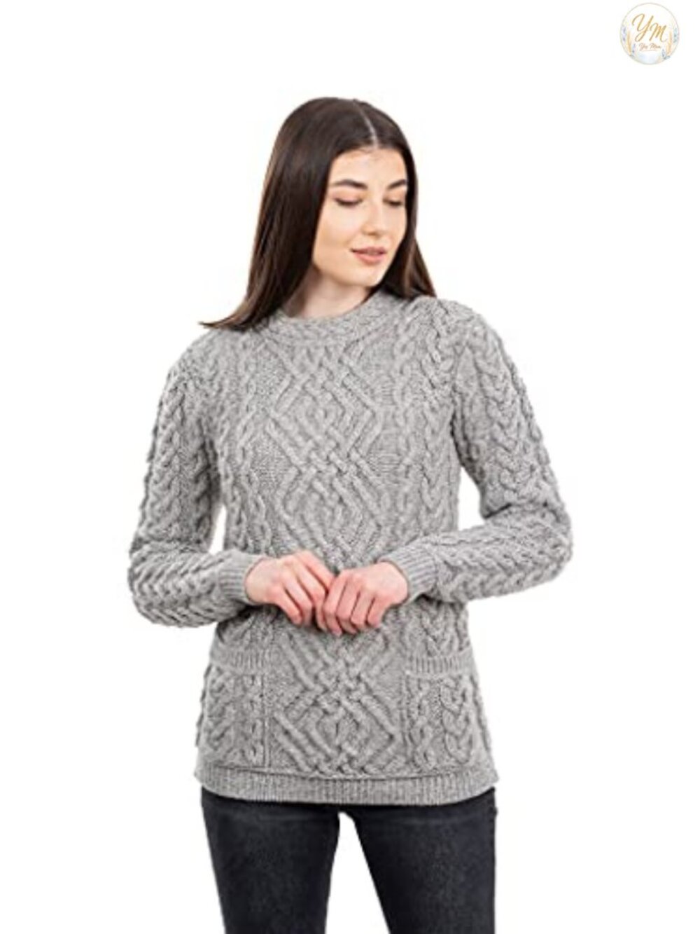 100% Merino Wool Irish Cable Knit Crew Neck Fitted Sweater